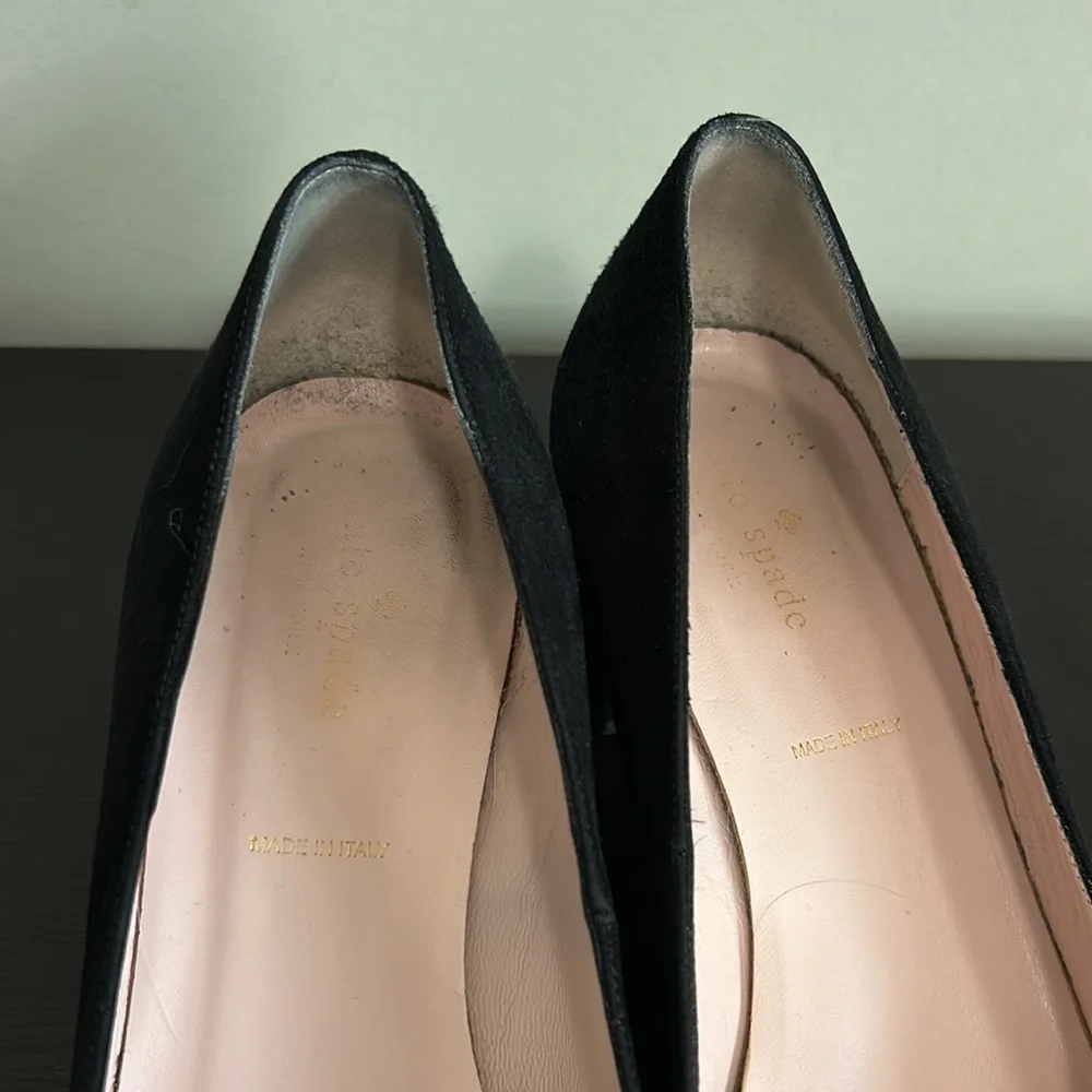 Kate Spade Dolores Too Designer Black Suede Gold Block Heel Pumps Sz 10